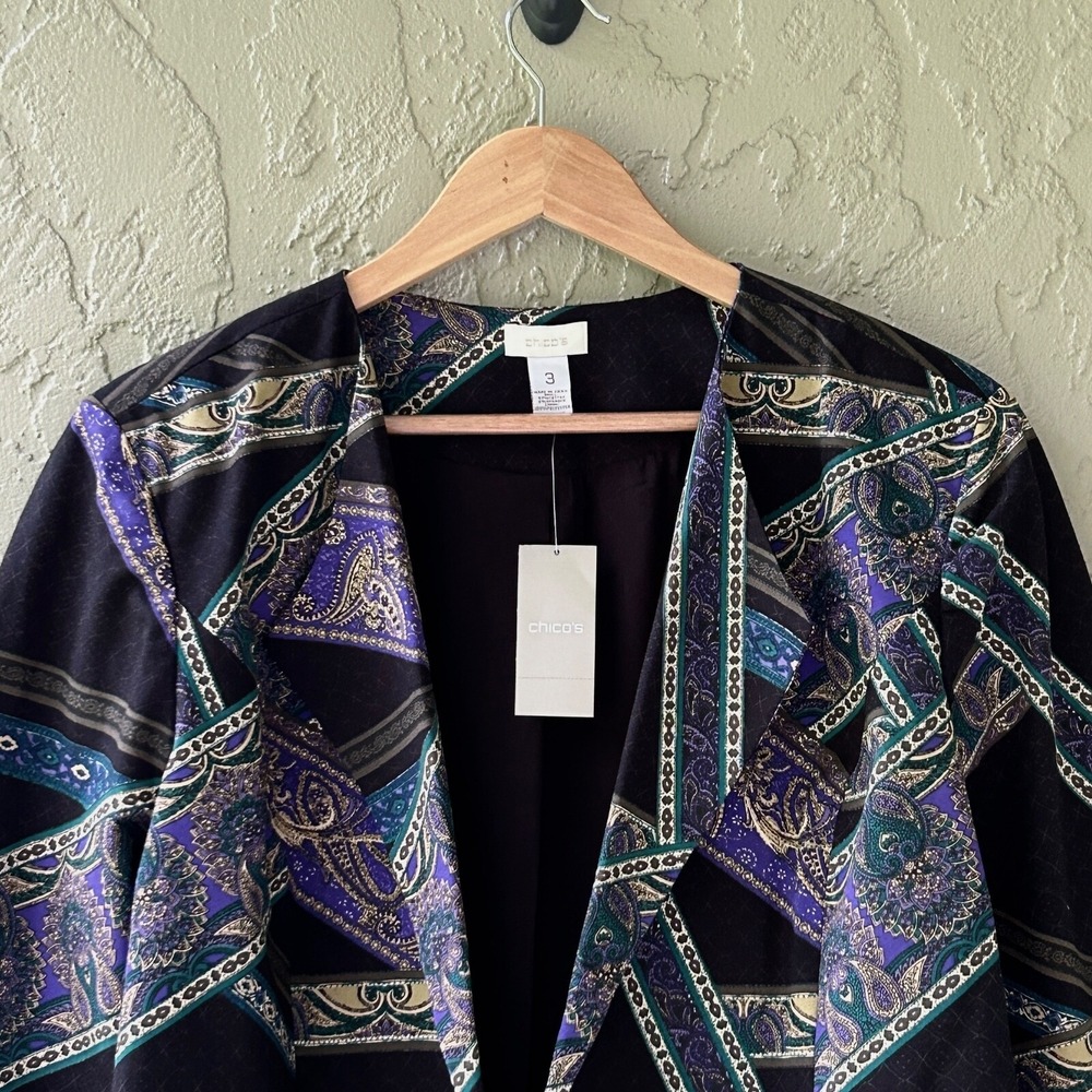 Chico's Women's Size 3 Multicolor XL Paisley Stripe Long Sleeves Moto Jacket NWT - Picture 2 of 11